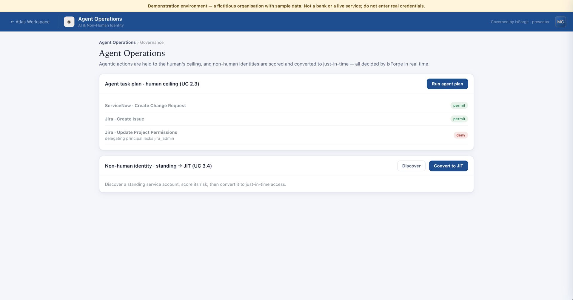 Atlas agent task plan: two permits and a ceiling deny, with the reason, decided by ConteXengine.